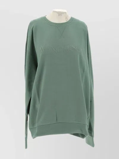 Jw Anderson Embroidered Logo Crew Neck Sweatshirt With Side Slits In Green