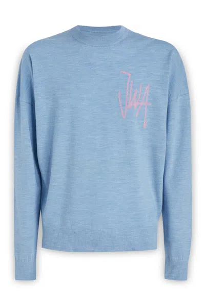 Jw Anderson Ribbed Collar Wool Crewneck Sweater In Blue