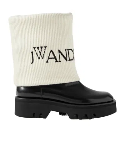 Jw Anderson Fisherman Wool Jacquard-trimmed Glossed-leather Ankle Boots In Black
