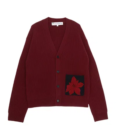 Jw Anderson Flocked-flower Patch-pocket Cardigan In Burgundy