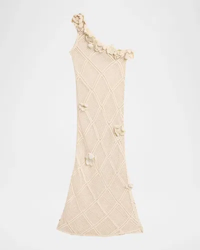 Jw Anderson Floral Crochet One-shoulder Net Knit Ankle Dress In Neutral