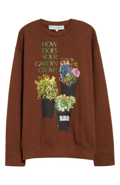 Jw Anderson Flower Pot Print Cotton Crewneck Sweatshirt In Brown