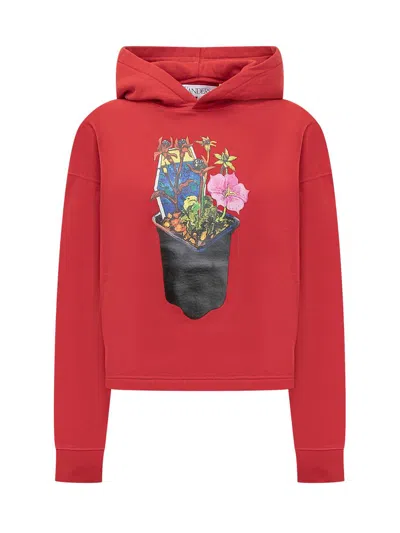 Jw Anderson Cropped Hoodie With Flower Pot In Red