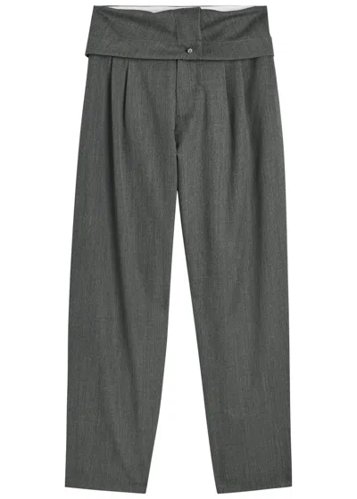 Jw Anderson Fold Over Wide-leg Wool Trousers In Gray