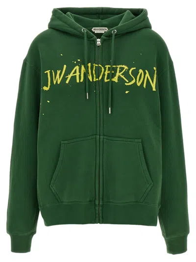 Jw Anderson Green Front-zip Logo Hoodie