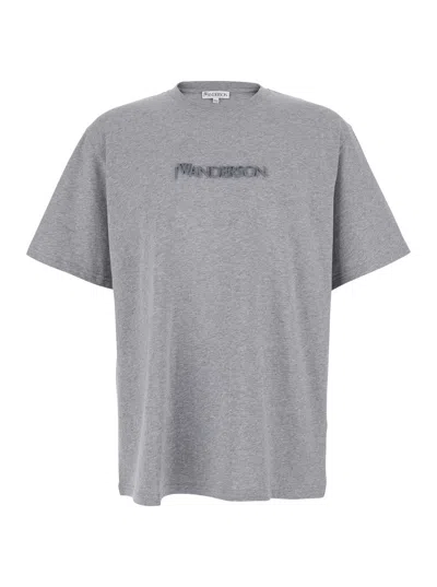Jw Anderson Grey Crewneck T-shirt With Logo Embroidery On The Front In Cotton Man In Gray