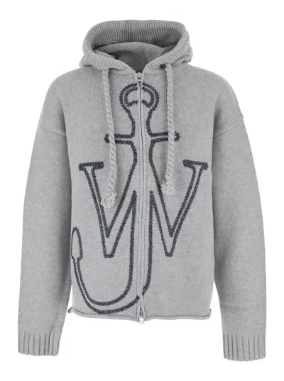 Jw Anderson Grey Sweatshirt With Drawstring Hood And Maxi Anchor Embroidery On The Front In Wool Man In Gray