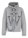 Jw Anderson Grey Sweatshirt With Drawstring Hood And Maxi Anchor Embroidery On The Front In Wool Man In Gray