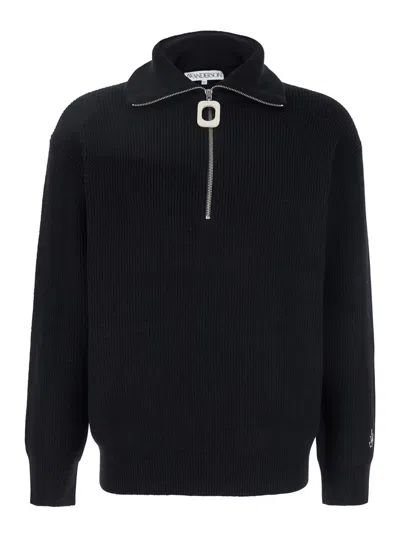 JW ANDERSON BLACK HIGH NECK SWEATER WITH FRONT ZIP CLOSURE AND LOGO EMBROIDERY IN WOOL MAN