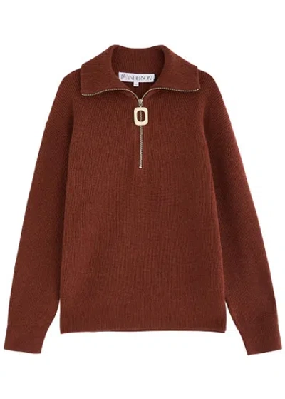 Jw Anderson Half-zip Ribbed-knit Jumper In Rust