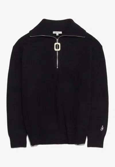 Jw Anderson Half-zip Ribbed Knit Sweater In Black