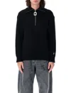 Jw Anderson Black High Neck Sweater With Front Zip Closure And Logo Embroidery In Wool Man