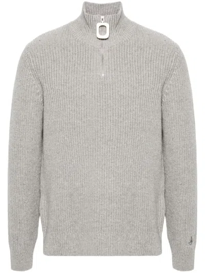 Jw Anderson Ribbed Sweater With Quarter-zip And Merino Wool Blend In Grey