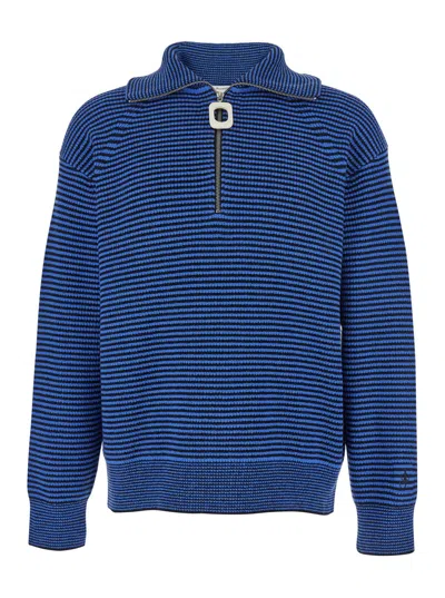 Jw Anderson Blue Sweater With Half Zip Closure On The Front In Cotton Piquet Man