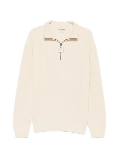 Jw Anderson Ribbed Knit Pullover With High Collar And Tortoiseshell Zipper In Neutral