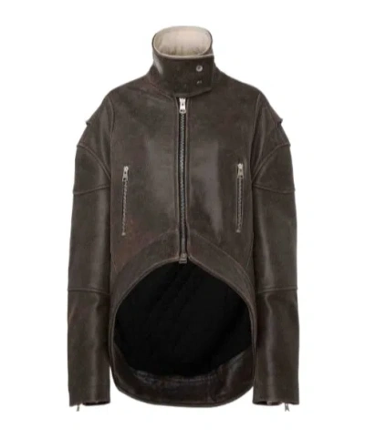 Jw Anderson Curved Leather Hem High Neck Jacket In Brown