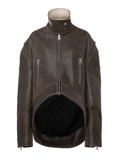 Jw Anderson Curved Leather Hem High Neck Jacket In Brown