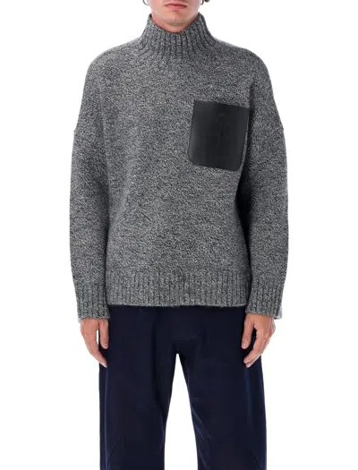 Jw Anderson High Neck Knit Leather Patch In Gray
