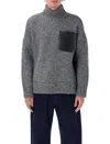Jw Anderson Grey Sweater With High Neck And One Front Patch Leather Pocket In Wool Blend Man In Gray