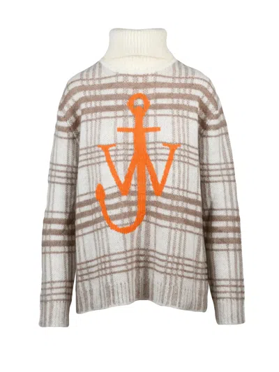 Jw Anderson High Neck Plaid Mohair Sweater With Anchor Motif In Brown