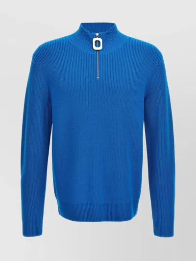 Jw Anderson High Neck Ribbed Sweater With Metal Zipper In Blue
