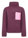 Jw Anderson Colorblock Patch Pocket Oversized Wool Turtleneck Sweater In Plum