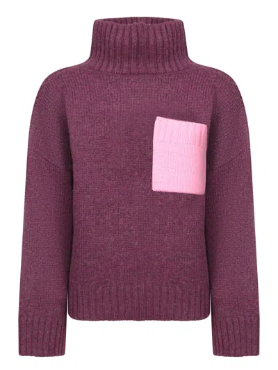 Jw Anderson Colorblock Patch Pocket Oversized Wool Turtleneck Sweater In Plum