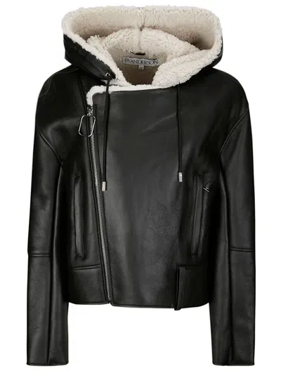 Jw Anderson Hooded Leather And Shearling Biker Jacket In Brown