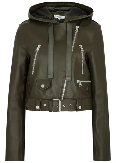 Jw Anderson Hooded Leather Biker Jacket In Green