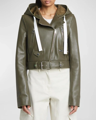 Jw Anderson Hooded Leather Moto Jacket In Green