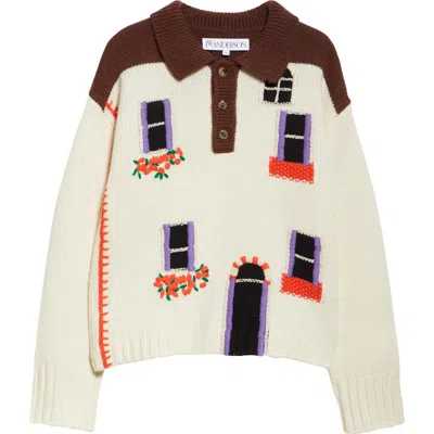 Jw Anderson 'house' White Polo Shirt Style Sweater With Embroidery On The Front