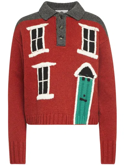 Jw Anderson House-intarsia Polo Jumper In Red