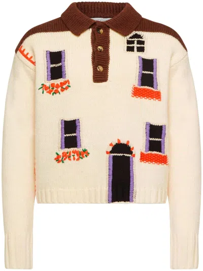Jw Anderson 'house' White Polo Shirt Style Sweater With Embroidery On The Front