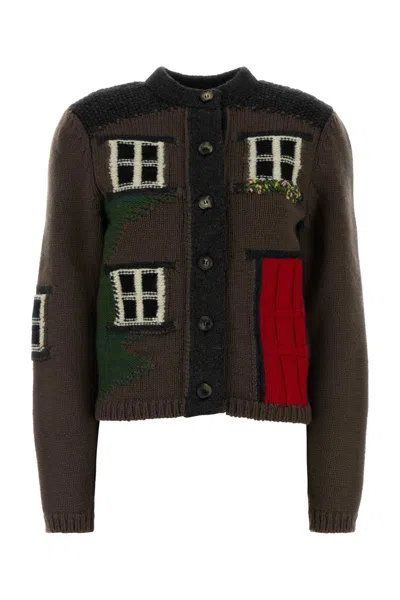Jw Anderson House Embroidered Intarsia-knit Merino Wool Cardigan In Brown