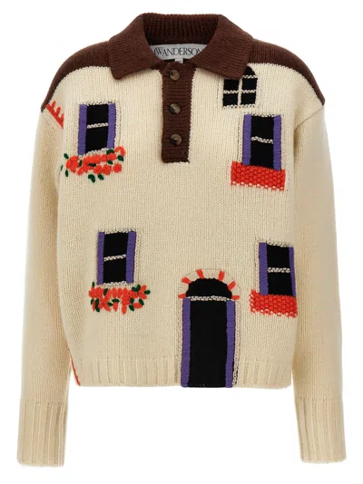 Jw Anderson House Intarsia Wool Polo Sweater In White