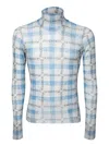 Jw Anderson Light Blue Turtleneck T-shirt With All-over Check Motif And All-over Logo Print In Tech Fabric Stret In White