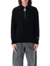Jw Anderson Black High Neck Sweater With Front Zip Closure And Logo Embroidery In Wool Man In Black