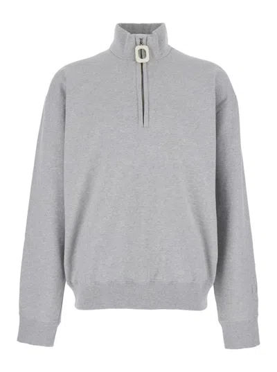 Jw Anderson Men Grey High Neck Sweatshirt With Zip Closure And Logo Embroidery In Cotton Man In Gray