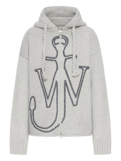 JW ANDERSON J. W. ANDERSON HOODED GREY WOOL SWEATER WITH ANCHOR EMBROIDERY