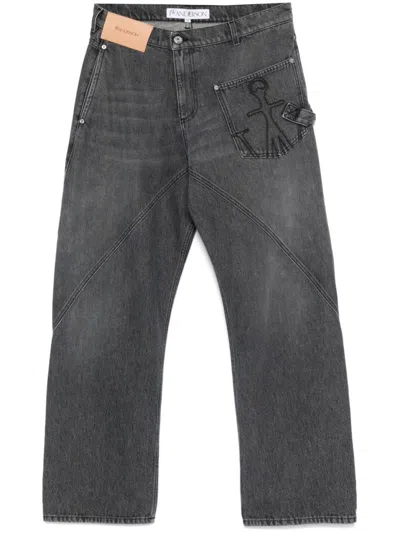 Jw Anderson J. W. Anderson Relaxed Fit Grey Jeans With Diagonal Stitching And Embroidered Logo In Gray
