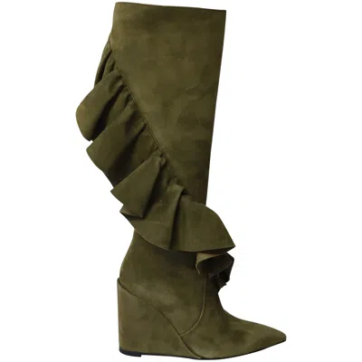 Jw Anderson J W Anderson Ruffle Thigh-high Boots In Olive Suede In Green
