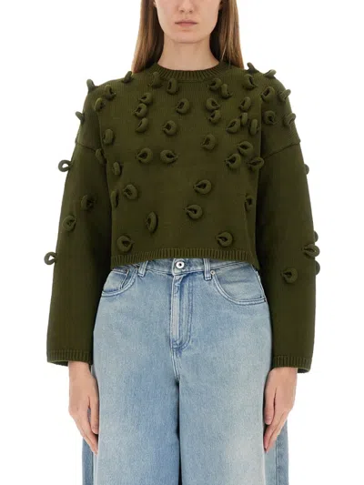 JW ANDERSON J. W. ANDERSON TEXTURED GREEN CROPPED JERSEY WITH LOOP EMBELLISHMENTS
