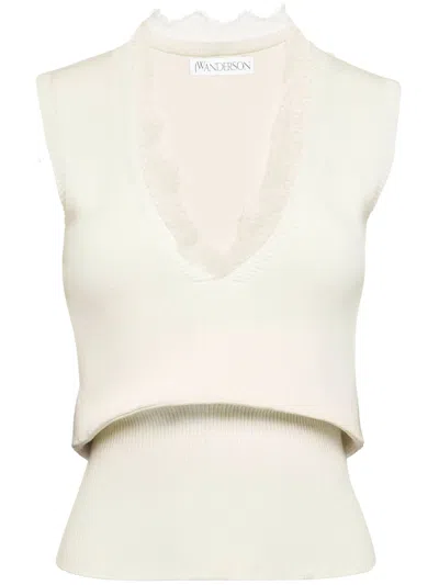 Jw Anderson J.w. Anderson White Lace-trim Knit Top