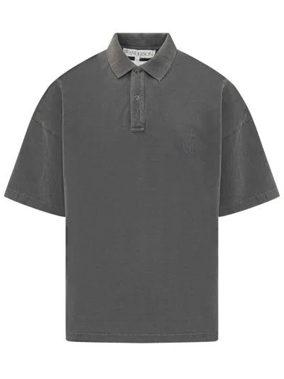 Jw Anderson Polo Shirt With Embroidered Logo In Charcoal