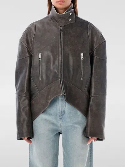 Jw Anderson Curved Leather Hem High Neck Jacket In Brown