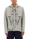 Jw Anderson Grey Sweatshirt With Drawstring Hood And Maxi Anchor Embroidery On The Front In Wool Man In Gray