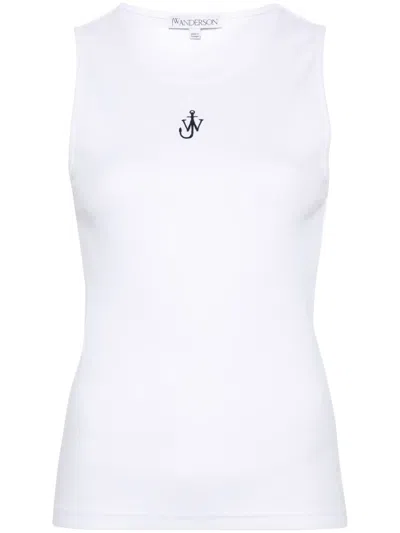 Jw Anderson Crew Neck Ribbed Sleeveless Top Straight Hem In White