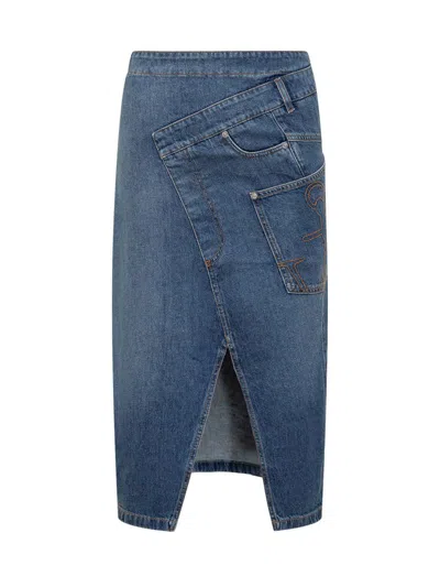 Jw Anderson Blue Twisted Denim Midi Skirt
