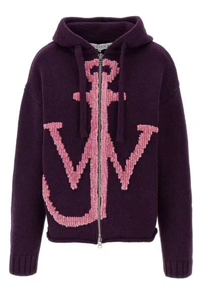 Jw Anderson Anchor Zipped Knit Hoodie In Purple