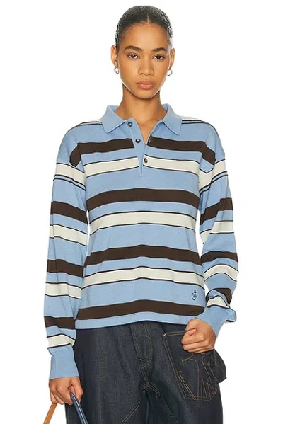 Jw Anderson Embroidered Striped Cotton And Wool-blend Polo Shirt In Blue